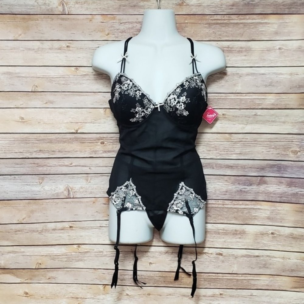 Black Lace Bustier Thong Lingerie Set with Cream Embroidery, M/L